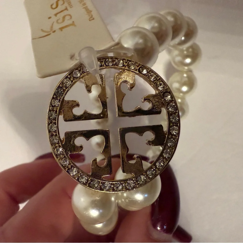 NEW ISIS CREATIVE BRACELET WHITE FAUX PEARL DOUBLE STRAND GOLD T RHINESTONE